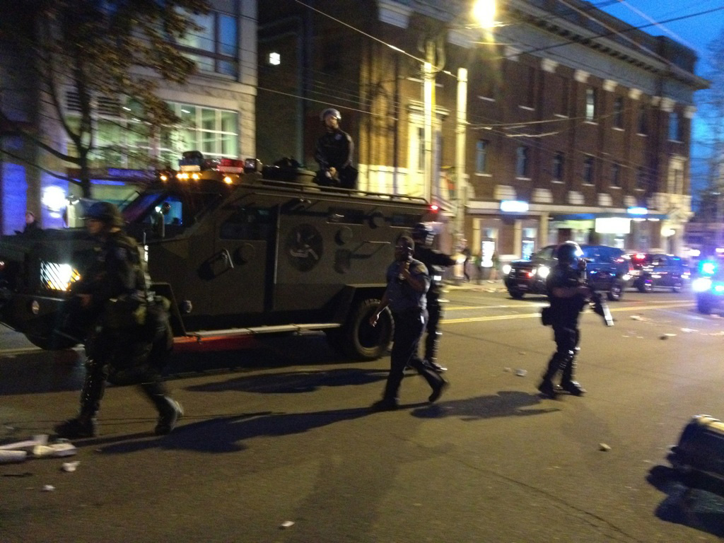 The Seattle Police Department deploys an armored vehicle to patrol the Pike-Pine corridor after riots on May Day, 2013.