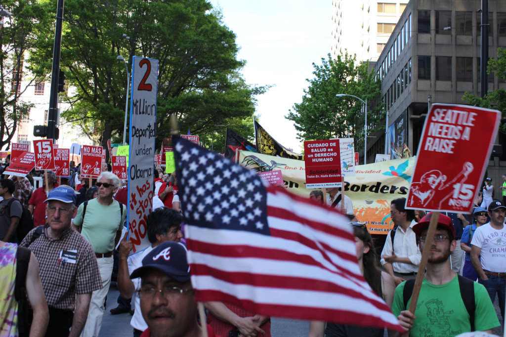 American flags were a prominent symbol in the earlier march.
