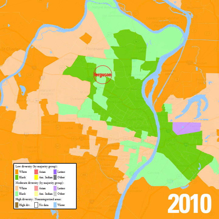 The St. Louis metro area in 2010, with census blocks mapped by majority race. Data from www.mixedmetro.us