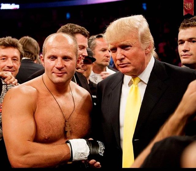 MMA Fighter Fedor Emelianenko poses with Donald Trump after a fight.